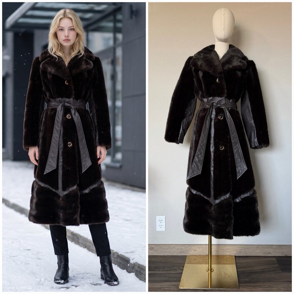 VTG 70’s Faux fur coat leather panels by Jet Set Tyber Tissavel France XS/S?